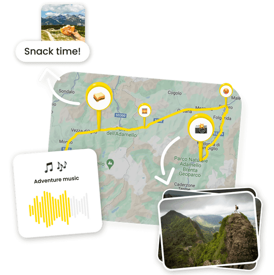 Un mapa que muestra una ruta registrada con fotos y música añadidas